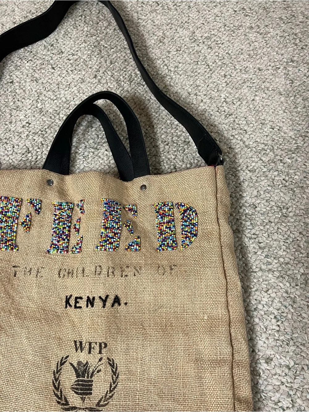 Beaded Lettering Kenya Jute Tote with Black Straps
